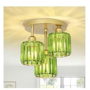 Modern Green Glass 3 Light Semi Flush Mount Ceiling Light Fixture Brass